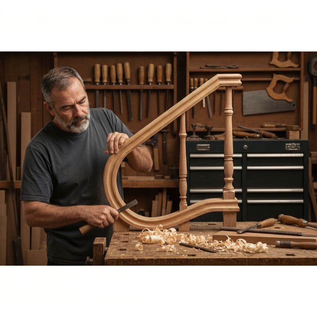Expert carpentry craftsmanship - Thomas Lefort working on a wooden staircase handrail